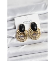 Pirinç Gold Renk Siyah Taşlı Vintage Kadın Küpe 5886 - GLST3694-6147