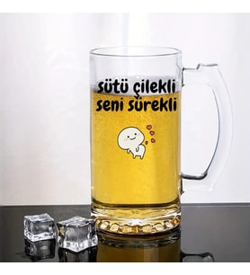 Sütü Çilekli Seni Sürekli Tasarımlı Arjantin Bira Bardağı Kulplu Bardak