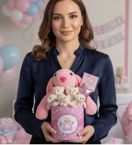 Hoşgeldin Bebek Hediyesi Babyshower Sevimli Uyku Arkadaşı Tavşan ve Yumoş Peluş Ayıcık (Pembe)