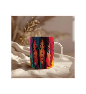 Renkli Afro Tasarımlı Beyaz Seramik Baskılı Kupa Bardak 330ml