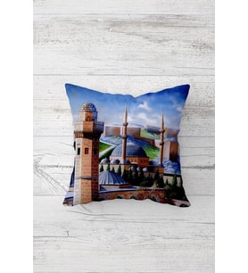 Camii Desenli Çift Tarafı Baskılı Gizli Fermuarlı Yastık Kılıfı Kırlent Koltuk Yastık Kılıfı (Mavi)