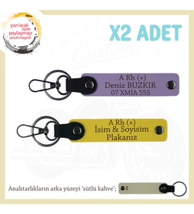 Hız Tutkunlarına Özel, İsim Plaka ve A Rh (+) Kan Grubu Yazılı Deri x2' li Anahtarlık, Mor-Sarı-SK