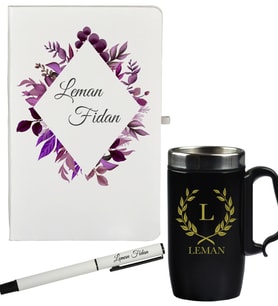 Kişiye Özel Tasarım Hediye Defter Kalem Ve Siyah Termos Mug Seti