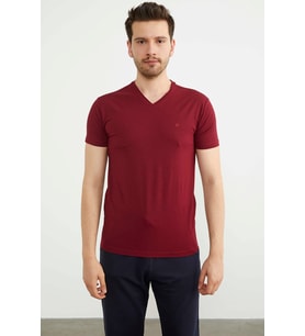 V Yaka Basic Kısa Kol Tişört - Bordo