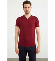 V Yaka Basic Kısa Kol Tişört - Bordo