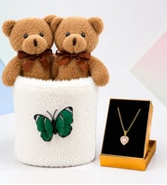 Peluş Saksıda Peluş Ayıcık Buketi ve Pembe Taşlı Kalp Kolye Kadına Sevgiliye Arkadaşa Hediye