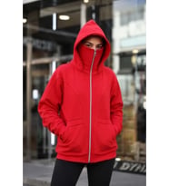 Maskeli Ninja Model Çift Kapüşonlu 3 İplik Şardonlu Fermuarlı Oversize Sweatshirt - Kırmızı