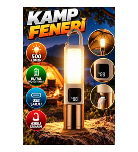 USB Şarjlı LED Kamp Feneri – 500 Lümen, Dijital Güç Göstergeli ve Askılı