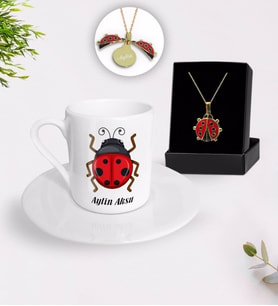 BK Gift Kişiye Özel Uğur Böceği Temalı Türk Kahvesi Fincanı ve Açılan Uğur Böceği Kolye Hediye Seti-1 (Model 1)