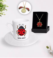 BK Gift Kişiye Özel Uğur Böceği Temalı Türk Kahvesi Fincanı ve Açılan Uğur Böceği Kolye Hediye Seti-1 (Model 1)