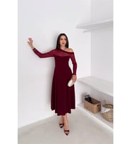 Neşeli butik kadın bordo transparan detaylı tek omuz uzun kollu midi boy elbise