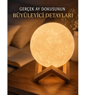 3D Ay Gece Lambası Ahşap Standlı Dekoratif LED Masa Lambası