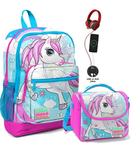 Coral High Okul Çantası ve Beslenme Çantası Seti - Kız Çocuk Mavi Unicorn- USB Soketli