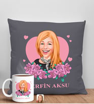 BK Gift Kişiye Özel Karikatürlü Anneler Günü Tasarımlı Antrasit Kırlent Yastık ve Kupa Seti, Anneye Hediye, Ev Dekorasyonu, Anneler Günü Hediyesi-2