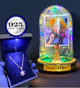Kişiye Özel Renkli Led Işıklı Fanus ve Işıklı Kutuda 925 Ayar Gümüş Lotus Kolye