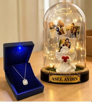 Kişiye Özel 3 Fotoğraflı Yazılı LED Fanus(beyaz melekli) ve 925 Ayar Gümüş Gold Baget Kolye