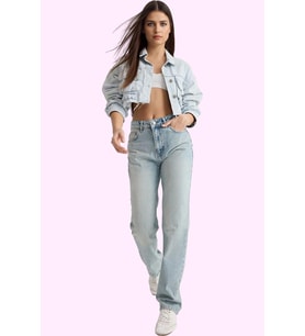 Kadın Pamuk Denim Jean; Yüksek Bel Straight Kalıp Boru Paça Günlük Kullanım Modern Tasarım (Açık Mavi)