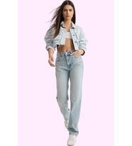 Kadın Pamuk Denim Jean; Yüksek Bel Straight Kalıp Boru Paça Günlük Kullanım Modern Tasarım (Açık Mavi)