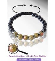 Sertifikalı Gerçek Doğal Obsidyen -  Unakit Taşı Bileklik - Ayarlamalı (Çok Renkli)