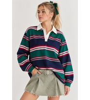 Oversize Polo Yaka Çizgili Kadın Sweatshirt - Lacivert-Yeşil