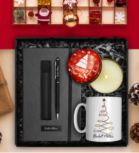 10 Adet Yılbaşına Özel Defter & Deri Kılıflı Touch Pen Kalem & Özel Tasarım Kupa & Özel Tasarım Mum Hediye Seti (Gold)