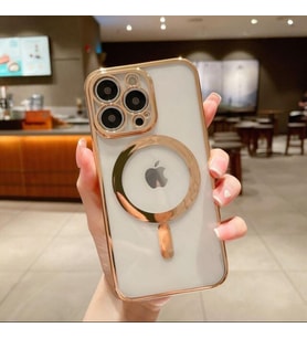 Iphone 14 Pro Tam Uyumlu Köşeleri Renkli Şeffaf Kamera Korumalı Magsafe Luxury Kılıf (Gold)