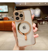Iphone 14 Pro Tam Uyumlu Köşeleri Renkli Şeffaf Kamera Korumalı Magsafe Luxury Kılıf (Gold)