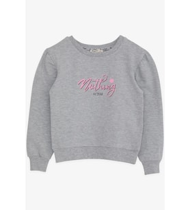 Breeze Kız Çocuk Sweatshirt Simli Yazı Baskılı 8-14 Yaş, Gri Melanj
