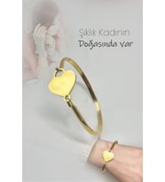 Behiye - Kalp Detaylı Kelepçe Bileklik - Paslanmaz Çelik - Özel Hediye Paketinde (Gold)