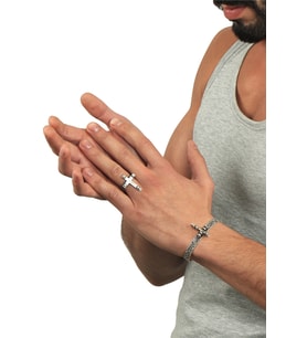 Erkek Antik Gümüş Kaplama Ayarlanabilir Haç Figürlü Yüzük & Açık Band Bileklik Set