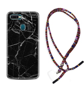 Oppo A5S A15 A16 A54 A55 A73 A74 Kılıf Boyun Asklı Rasta Silikon Fragile Black Mermer 1378