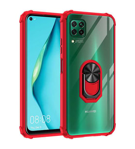 Huawei P40 Lite Kılıf Şeffaf Sararmaz Yüzüklü Mola Kapak (Kırmızı)
