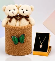 Peluş Saksıda Peluş Ayıcık Buketi ve Pembe Taşlı Kalp Kolye Kadına Sevgiliye Arkadaşa Hediye