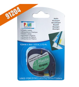 PUUN®Dymo Letratag Muadil Bant 59425 91204 12MMX4M Plastik Yeşil Etikete Siyah Yazı Şerit Etiket Kaseti (Çok Renkli)
