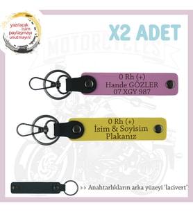 Motosiklet Severlere İsim Plaka ve 0 Rh (+) Kan Grubu, Acil Durum x2' li Anahtarlık, Sarı-Pembe-Laci (Çok Renkli)