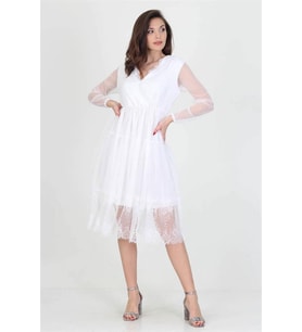 Neseli butik kruvaze yaka eteği güpür detaylı yeni sezon elbise NB0010 (Beyaz)