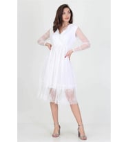 Neseli butik kruvaze yaka eteği güpür detaylı yeni sezon elbise NB0010 (Beyaz)