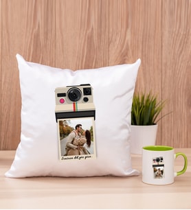 Kişye Özel Polaroid Tasarım Fotoğraflı Kare Yastık ve Yeşil Kupa
