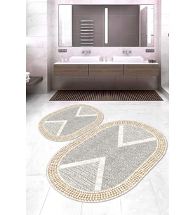 Dijital Baskılı Kaymaz Taban Yıkanabilir Oval 2'li Klozet Takımı Banyo Paspası NOKZ-HT-170 (Gold)