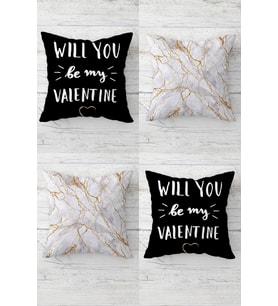 Will You Be My Valentine Ve Mermer Gizli Fermuarlı Kırlent Kılıfı Koltuk Yastık Kılıfı Takım (Siyah)