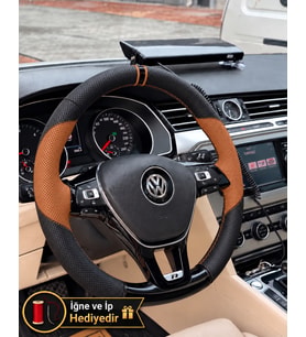 Vw Crafter 2 Dikme Direksiyon Kılıfı Delikli Deri Parlak Siyah Taba Detay Çift Yüzük ve Dikiş 2017-2024