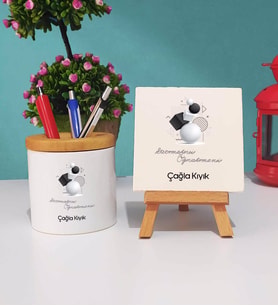 Geometri Öğretmeni Tasarımlı Kişiye Özel Geometri Öğretmeni Kalemlik ve Dekoratif Taş Baskı Hediye Seti