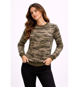 Kadın Kamuflaj Desenli 2 İplik 4 Mevsim Uzun Kollu Bisiklet Yaka Sweatshirt - Kamuflaj