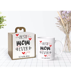 BK Gift Kişiye Özel Ahşap Kutuda Anneler Günü Temalı En İyi Anne Tasarımlı Beyaz Kupa Bardak-3