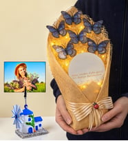 Kişiye Özel Değirmen Fotoğraflı Büyük Boy Kelebek Buketi Led Işıklı Aynalı (Mavi)