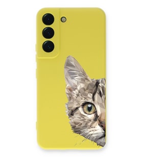 Samsung Galaxy S22 Uyumlu Lansman Kılıf Catface Tasarımlı İçi Kadife Kapak-Sarı (Şeffaf)