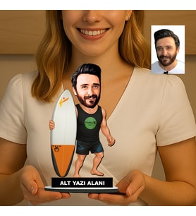 Kişiye Özel Sup Board Süren Erkek2 Karikatürlü 18 cm MDF Masaüstü Biblo - Masaüstü Hediye