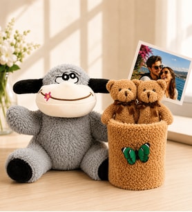 Kişiye Özel Fotoğraflı 2'li Peluş Ayıcık Buketi ve Peluş Eşek Hediye Seti
