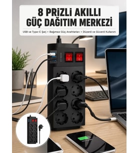 2 Metre Güçlü Çoklu Priz 8 Soket Yeni Nesil