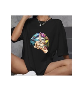 Unisex Bisiklet Yaka Baskılı Oversize T-Shirt - Siyah